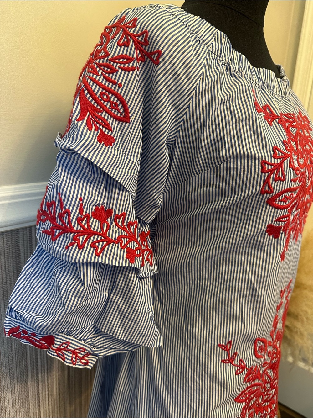 INC International Concepts Striped Embroidered Off Shoulder Dress Small Blue Red - Picture 6 of 11